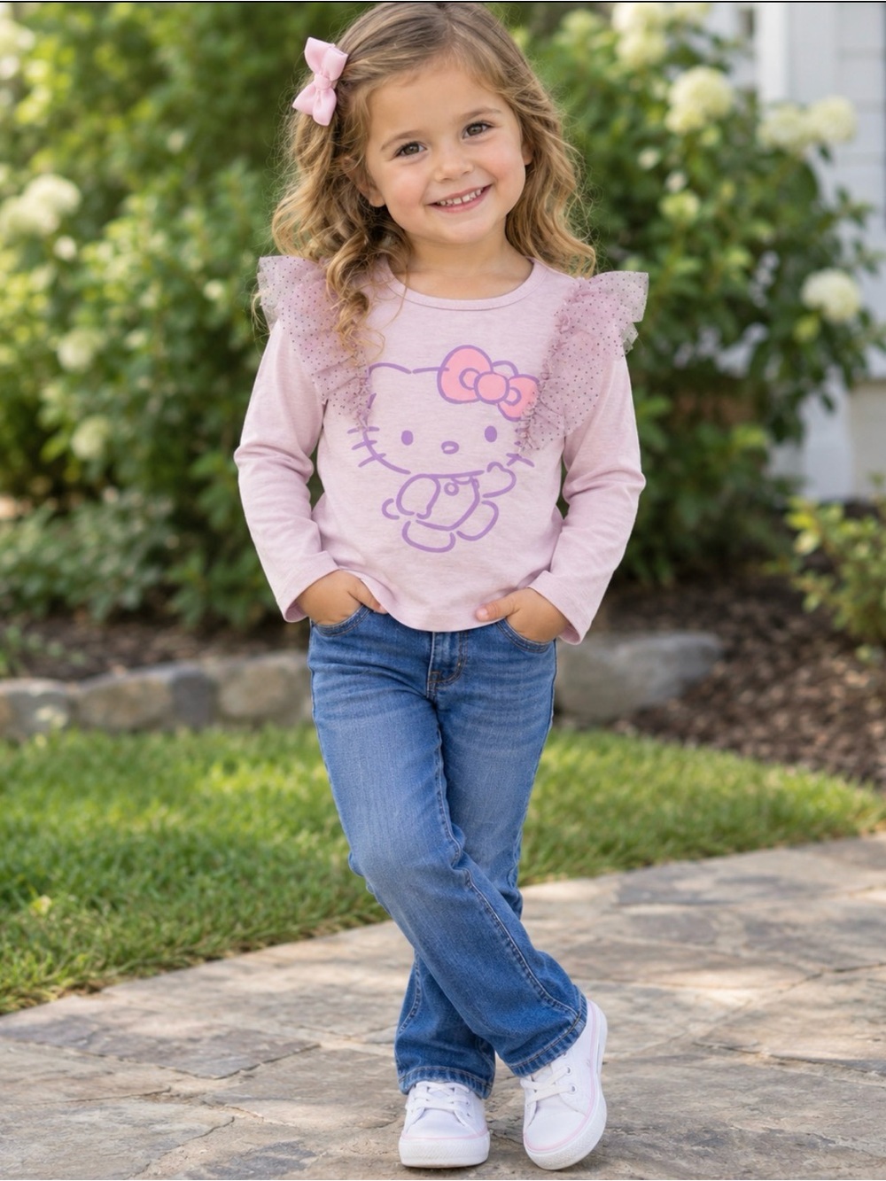 Sanrio Hello Kitty Pink Lavender Ruffle Shoulder Long-Sleeve Tee
